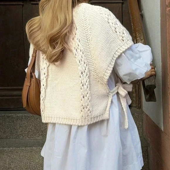 Apricot Casual Women's Side Tie Round Neck Cap Sleeve Sweater - Picture 7 of 8